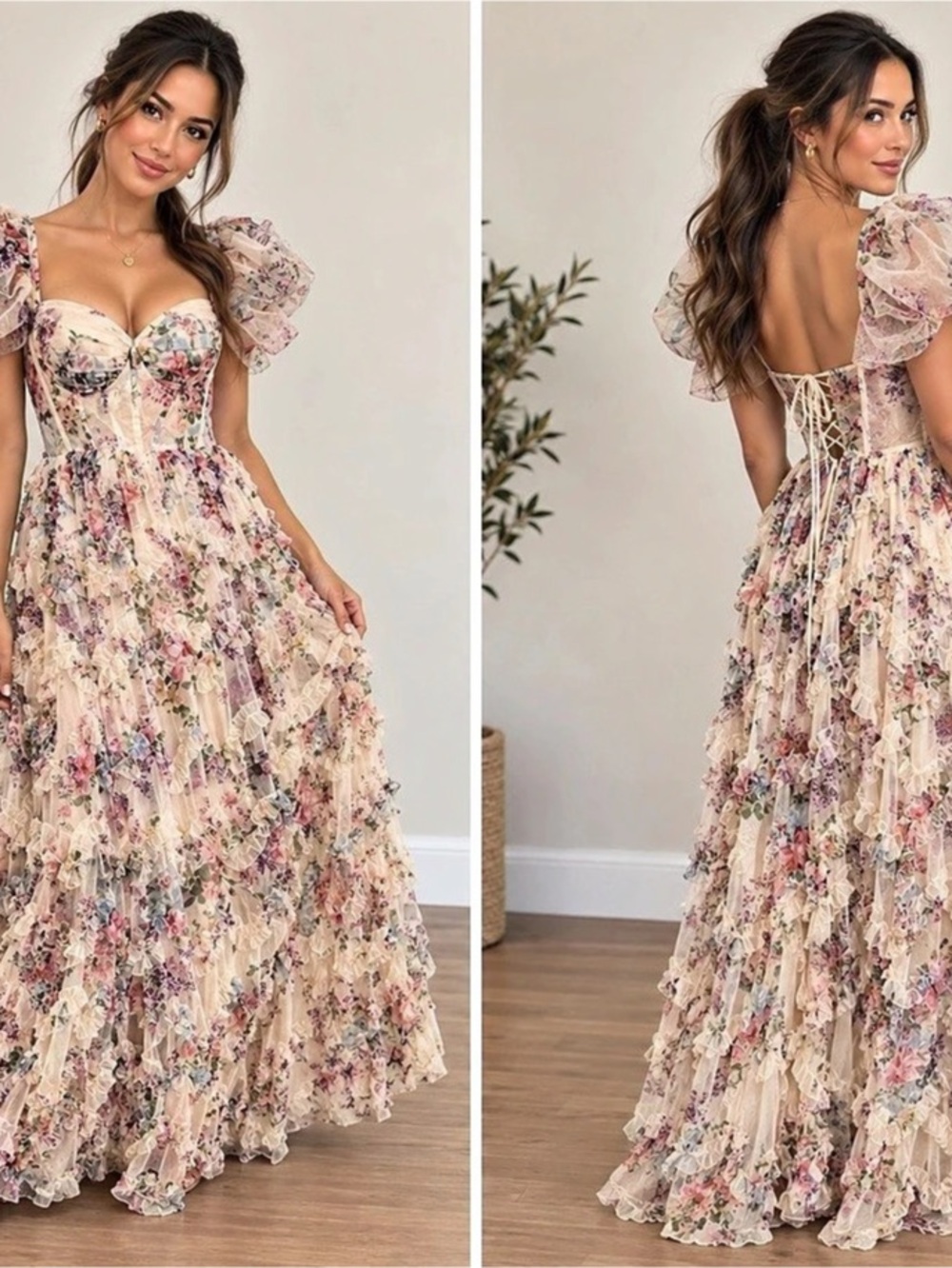 NWOT: Fairesty Floral Summer Gown Floral Puff Sleeve Maxi Dress Multicolor